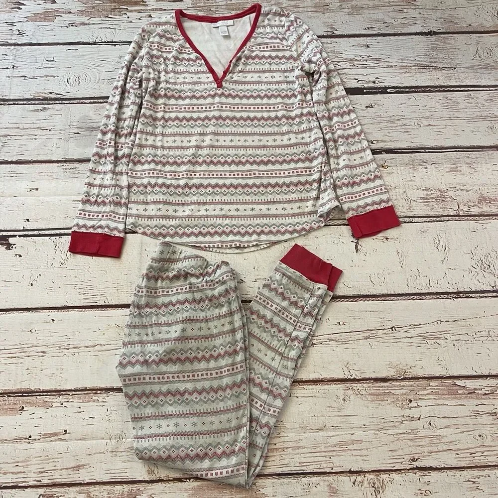 LAUREN CONRAD Women's XS 2-Pc RED & WHITE FAIR ISLE Print SLEEP SET Pajamas‎